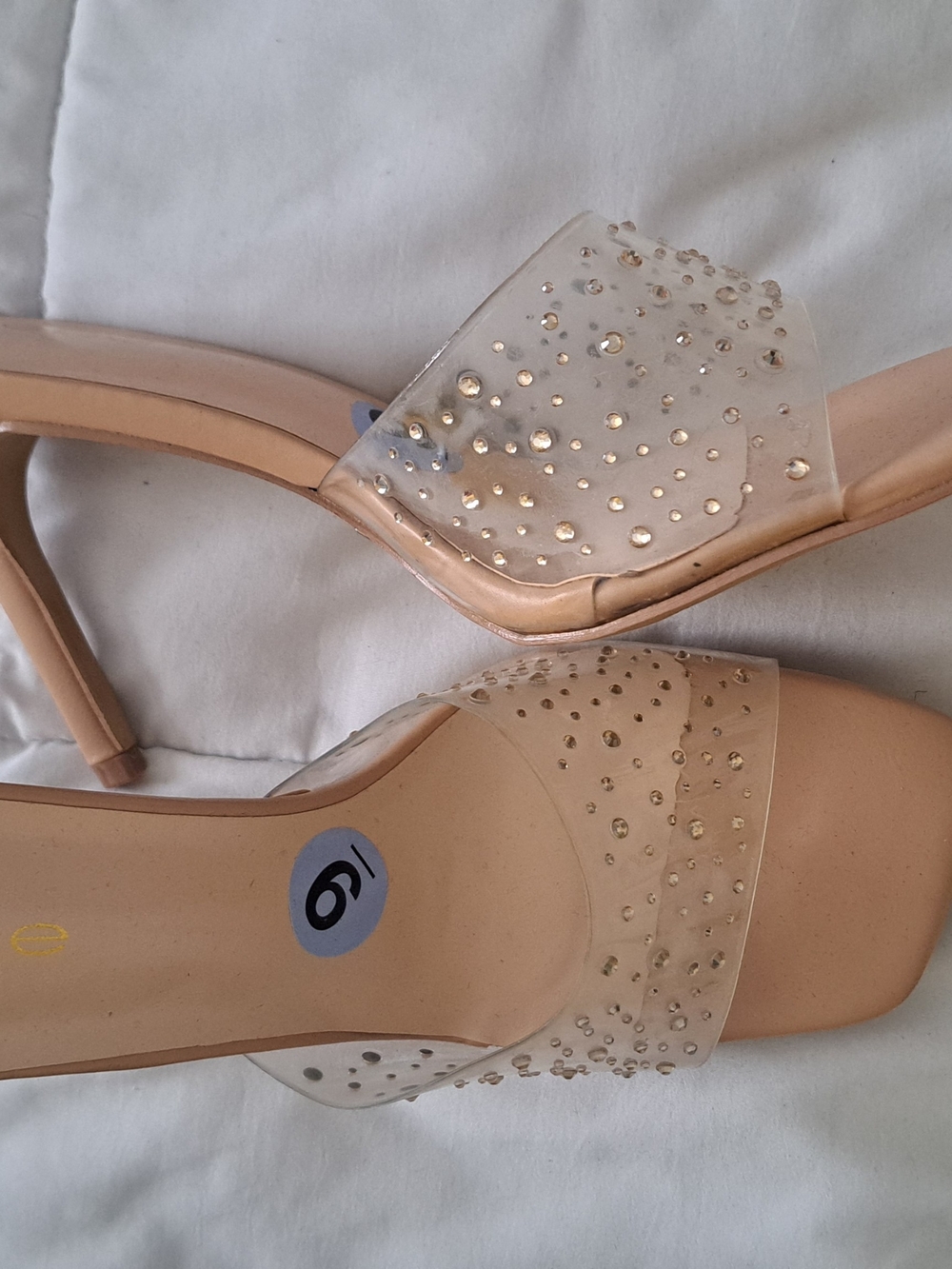 bebe Nude Crystal-Stud Clear-Strap Heeled Sandals